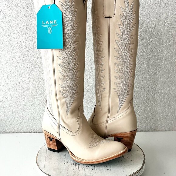 Lane JENTRY Knee High Cowboy Boots Pale Ivory Western Cowgirl Tall Womens 8.5